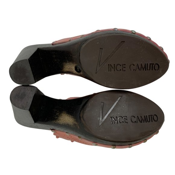 9B Vince Camuto Pink Leather Studded Clogs Mules Wooden Heels Floral Cutout - Picture 6 of 13
